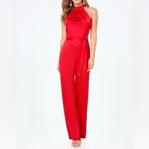 NWOT Bebe halter‎ red satin like wide leg jumpsuit